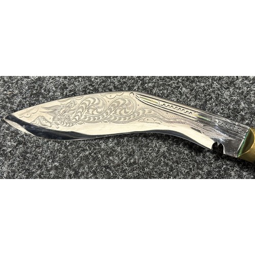 9286 - Pair of Gurhka Kukri Knives: One with a single edged blade 245mm in length engraved with a Dragon. O... 