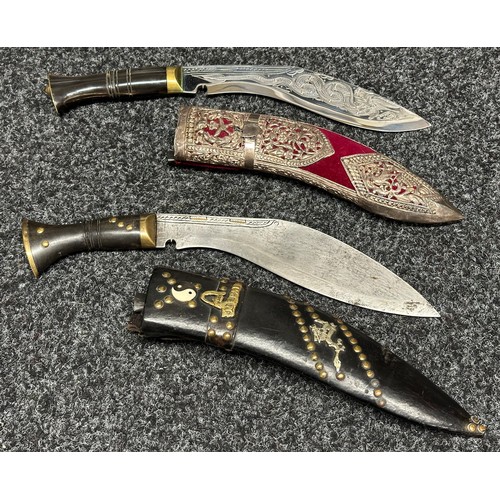 9286 - Pair of Gurhka Kukri Knives: One with a single edged blade 245mm in length engraved with a Dragon. O... 