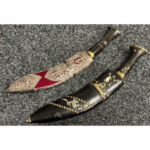 9286 - Pair of Gurhka Kukri Knives: One with a single edged blade 245mm in length engraved with a Dragon. O... 