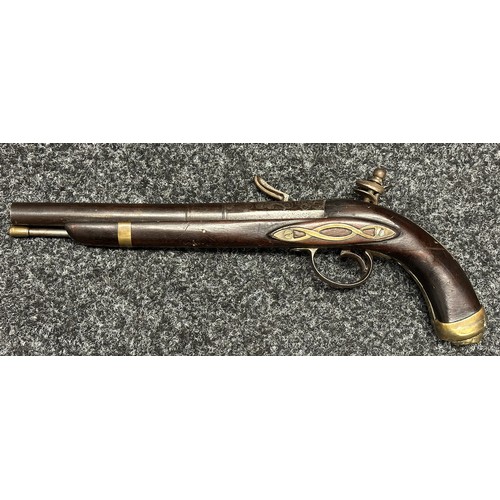 9324 - Flintlock Pistol with 260mm long barrel. Bore approx. 15mm. No makers mark. Action a/f. Overall leng... 