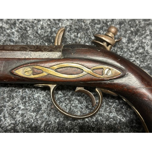 9324 - Flintlock Pistol with 260mm long barrel. Bore approx. 15mm. No makers mark. Action a/f. Overall leng... 