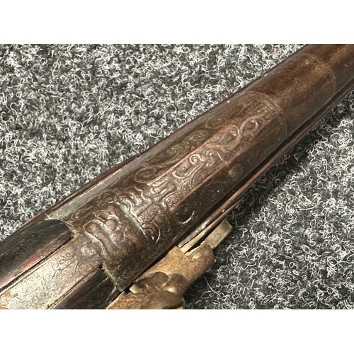 9324 - Flintlock Pistol with 260mm long barrel. Bore approx. 15mm. No makers mark. Action a/f. Overall leng... 