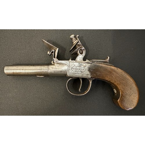 9328 - English Flintlock Pistol Pistol with 70mm long barrel, bore approx. 10mm. Barrel will unscrew. Lock ... 