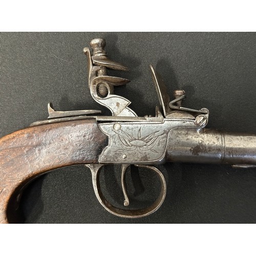 9328 - English Flintlock Pistol Pistol with 70mm long barrel, bore approx. 10mm. Barrel will unscrew. Lock ... 