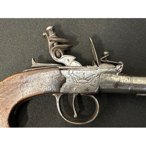 9328 - English Flintlock Pistol Pistol with 70mm long barrel, bore approx. 10mm. Barrel will unscrew. Lock ... 