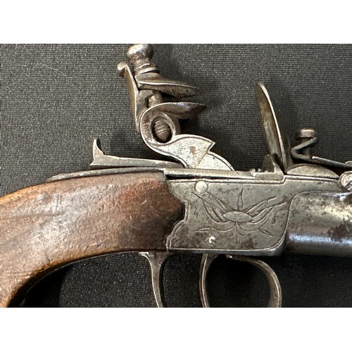 9328 - English Flintlock Pistol Pistol with 70mm long barrel, bore approx. 10mm. Barrel will unscrew. Lock ... 