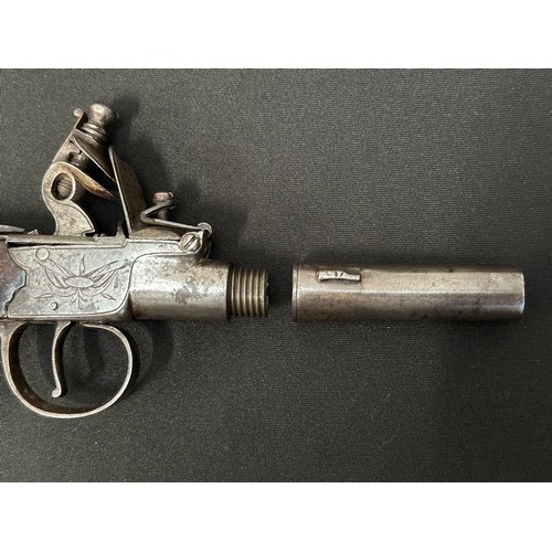 9328 - English Flintlock Pistol Pistol with 70mm long barrel, bore approx. 10mm. Barrel will unscrew. Lock ... 