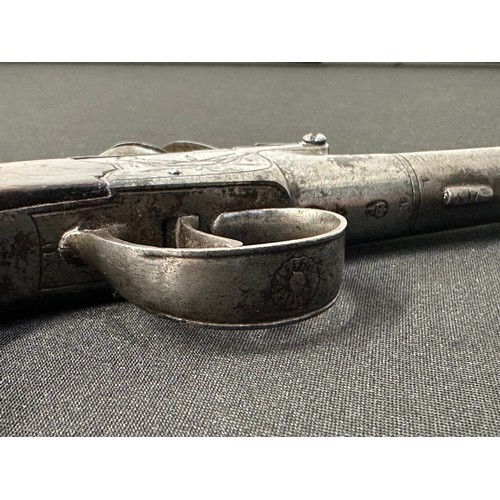 9328 - English Flintlock Pistol Pistol with 70mm long barrel, bore approx. 10mm. Barrel will unscrew. Lock ... 