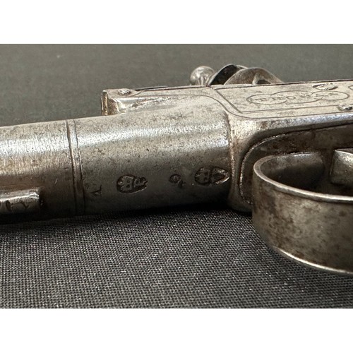 9328 - English Flintlock Pistol Pistol with 70mm long barrel, bore approx. 10mm. Barrel will unscrew. Lock ... 