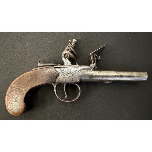 9328 - English Flintlock Pistol Pistol with 70mm long barrel, bore approx. 10mm. Barrel will unscrew. Lock ... 