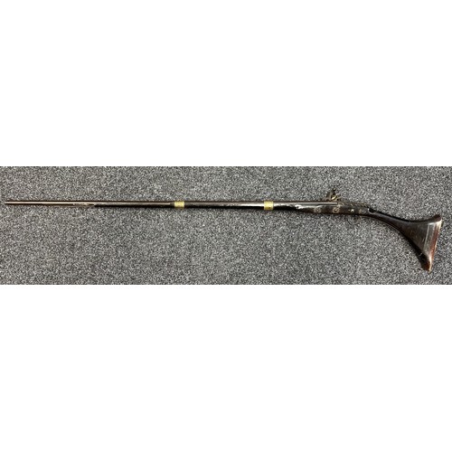 9329 - North African Flintlock Musket with 127cm long barrel. Bore approx. 15mm. Working action which holds... 