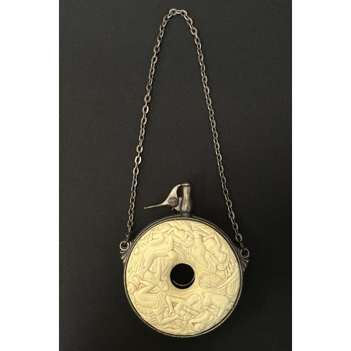 9330 - Japanese Powder Flask. Approx. 100mm in diameter. Chain length approx. 23cm. Resin decoration with e... 