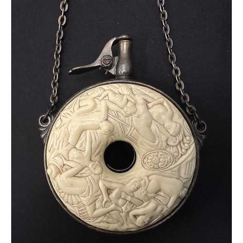 9330 - Japanese Powder Flask. Approx. 100mm in diameter. Chain length approx. 23cm. Resin decoration with e... 