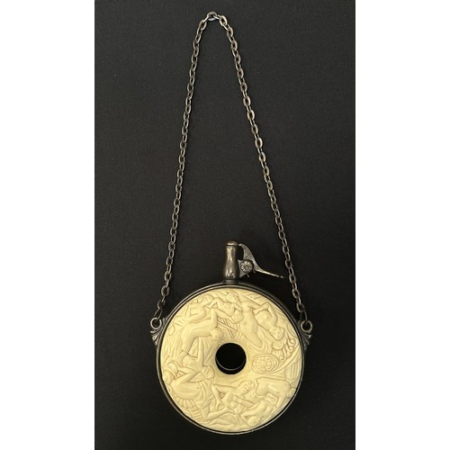 9330 - Japanese Powder Flask. Approx. 100mm in diameter. Chain length approx. 23cm. Resin decoration with e... 