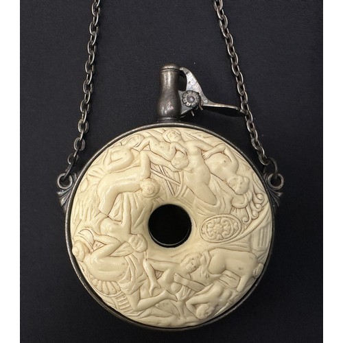 9330 - Japanese Powder Flask. Approx. 100mm in diameter. Chain length approx. 23cm. Resin decoration with e... 