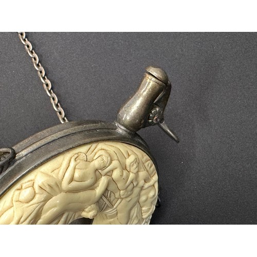 9330 - Japanese Powder Flask. Approx. 100mm in diameter. Chain length approx. 23cm. Resin decoration with e... 