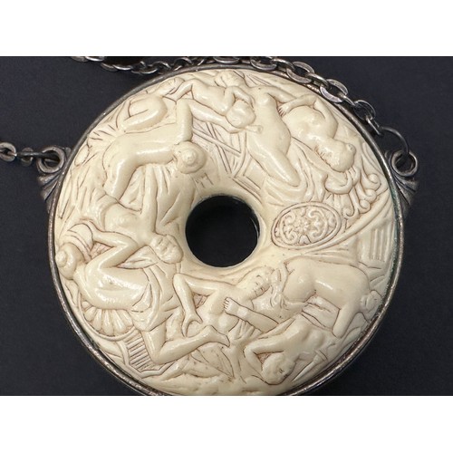 9330 - Japanese Powder Flask. Approx. 100mm in diameter. Chain length approx. 23cm. Resin decoration with e... 