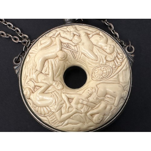 9330 - Japanese Powder Flask. Approx. 100mm in diameter. Chain length approx. 23cm. Resin decoration with e... 