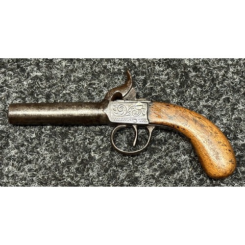 9337 - British Percussion Cap Pocket Pistol with 70mm long barrel with British proof marks, bore approx. 10... 