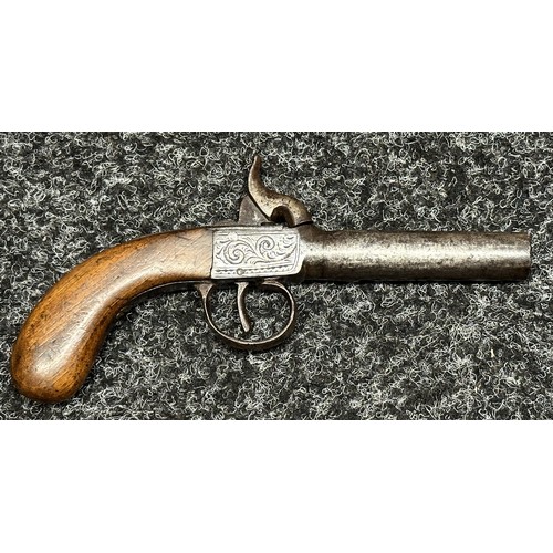 9337 - British Percussion Cap Pocket Pistol with 70mm long barrel with British proof marks, bore approx. 10... 