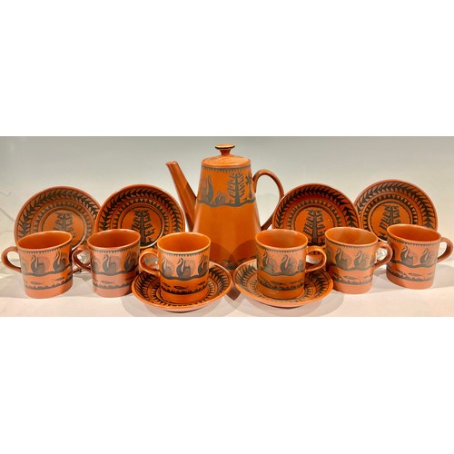 76 - A Royal Worcester Crown Ware Scottie Wilson coffee service for six, comprising coffee pot, cups and ... 