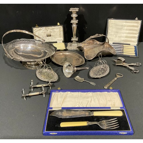 156 - A collection of silver plate, cae baskets, wine funnel, etc