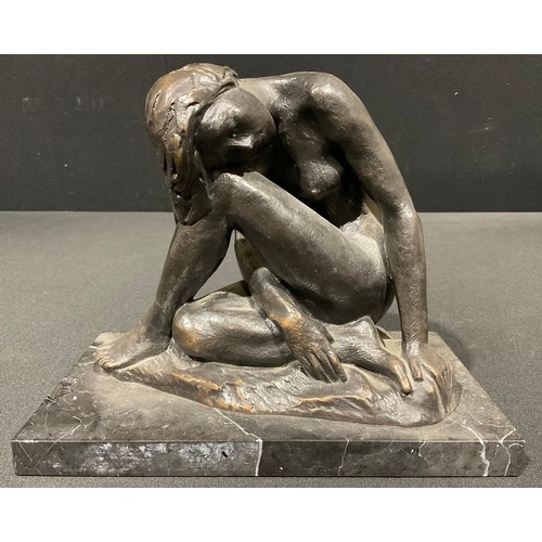 157 - Pilar Francesch, after, a patinated bronze, of a female nude, crouched with head on knee, rectangula... 