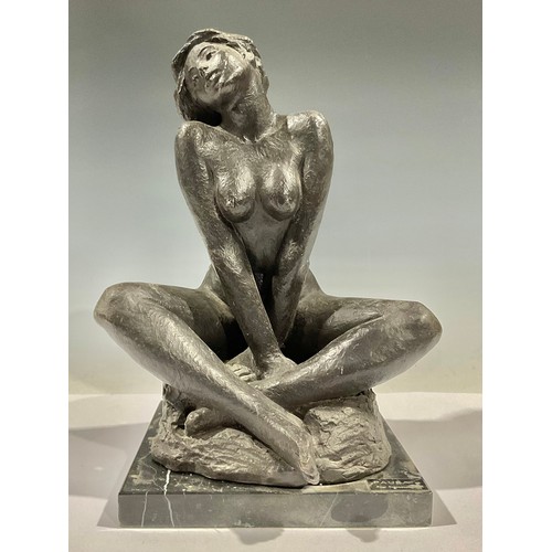 159 - Pilar Francesch, after, a patinated bronze, Pausa, of a female nude, seated cross legged, rectangula... 