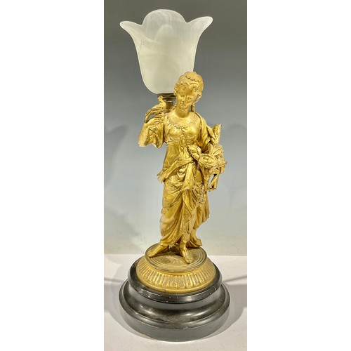 163 - A Victorian gilt spelter lamp, lady holding bird and nest