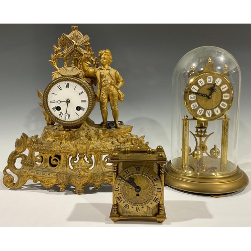 346 - Clocks - a late 19th century French style gilt metal mantel clock, 7.5cm circular dial, Roman numera... 