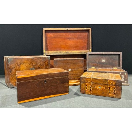 349 - A 19th century rosewood and mother of pearl inlaid sarcophagus tea caddy, 34cm wide; another satinwo... 