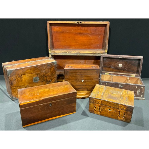 349 - A 19th century rosewood and mother of pearl inlaid sarcophagus tea caddy, 34cm wide; another satinwo... 