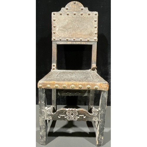 453 - A William and Mary revival side chair, leather back and seat, rosette embossing, brass studs, 110cm ... 