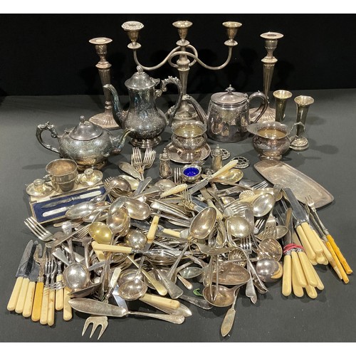 454 - Silver Plated Ware - a four piece tea service; candelabrum; candlesticks; flatware; mother of pearl ... 