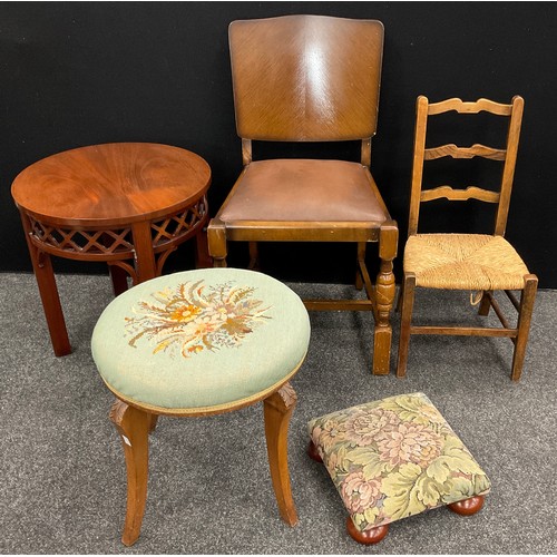 72 - An early 20th century walnut tapestry top stool;  mahogany side table, fretwork frieze;  late 19th c... 