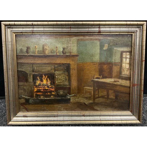 83 - English school, 20th century, ‘Cottage Interior with Fireplace’, oil on board, 21.5cm x 30.5cm;  L. ... 