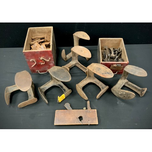 177 - Boxes and objects - A quantity of cast iron cobbler anvil’s, door hinges and handles, rebate plane.