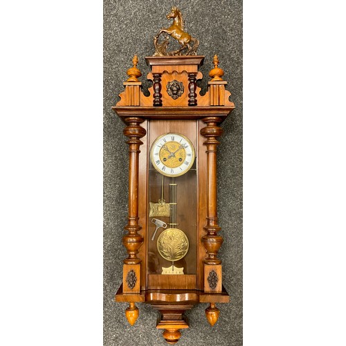 188 - A mahogany cased Vienna ‘Astor’ wall clock, ‘carved’ horse cresting, brass dial with white enamel ch... 