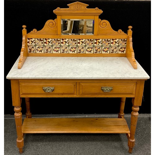 226 - A Victorian satinwood washstand, mirrored and tiled back with architectural pediment, white marble t... 