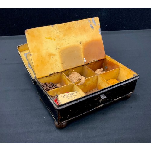 269 - A 19th century blackened tin six section spice box, with remnants of contents inc the named sections... 