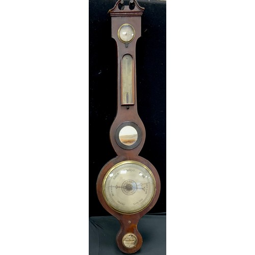 183A - A 19th century mahogany wheel barometer/thermometer, silvered dial and scales, the level inscribed A... 