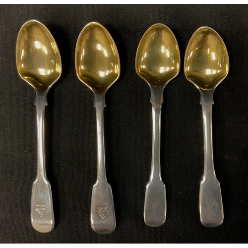 290 - A pair of George III silver spoons, gilt shield shaped bowls, Ealey & Fern, London 1811; another pai... 