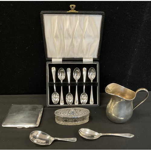 291 - A silver cream jug, Deakin & Francis, Birmingham 1943, cigarette case,  cased set six tea spoons, ca... 