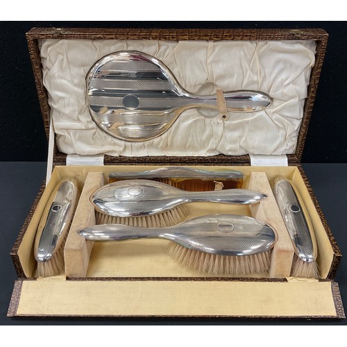 296 - A W I Broadway & Co six piece silver dressing table set, cased, Birmingham, c.1925