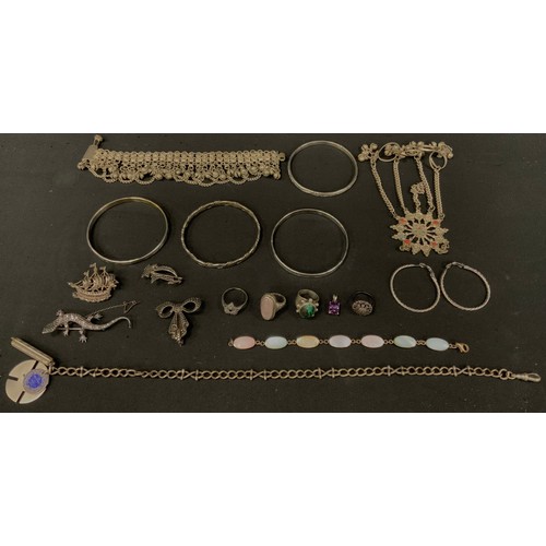 304 - Jewellery - silver and white metal inc bangles, bracelets, marcasite and other brooches, anklet, sil... 