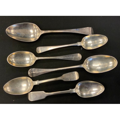 290A - A George III silver rat tail serving spoon, marks worn, others London 1805 & 1808,  pair Victorian t... 