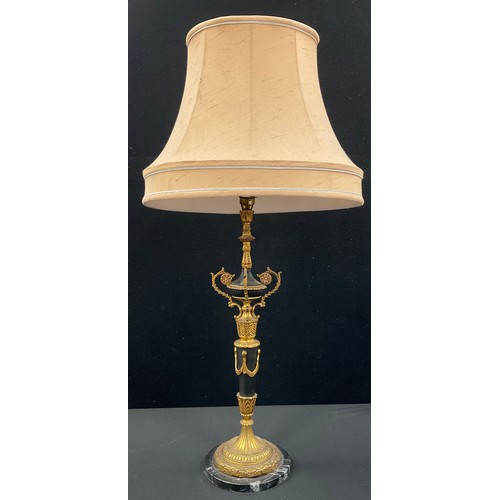 84A - A gilt metal and black marble table lamp, Neoclassical swaged column, stepped foot, 54cm high to fit... 