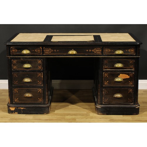 107 - A late Victorian ebonised and marquetry twin pedestal desk, rounded rectangular top with inset plate... 