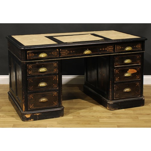 107 - A late Victorian ebonised and marquetry twin pedestal desk, rounded rectangular top with inset plate... 