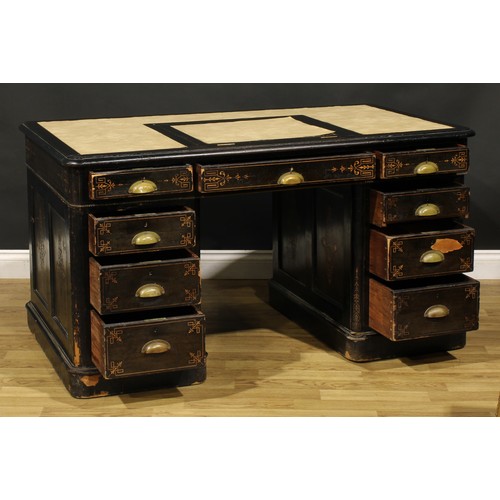 107 - A late Victorian ebonised and marquetry twin pedestal desk, rounded rectangular top with inset plate... 